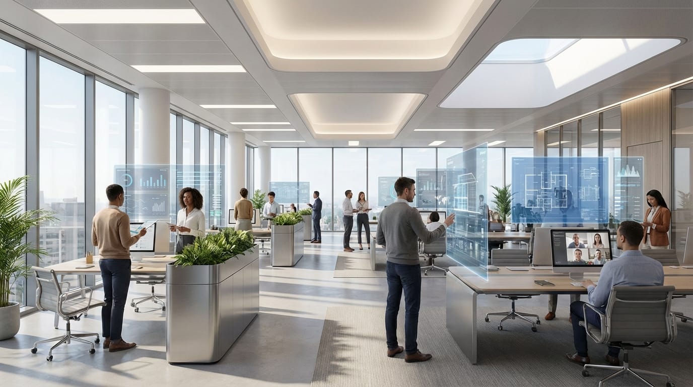 A busy futuristic office with diverse employees working with holographic screens, bright and clean atmosphere, soft lighting, 4k, realistic texture.