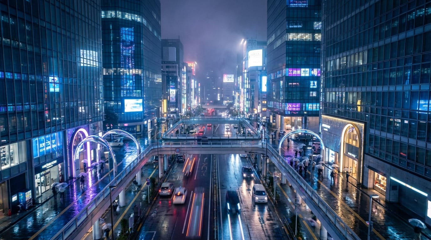 Cinematic drone shot flying over a futuristic Tokyo street at night, neon lights reflecting on wet pavement, 4k resolution, high detail.