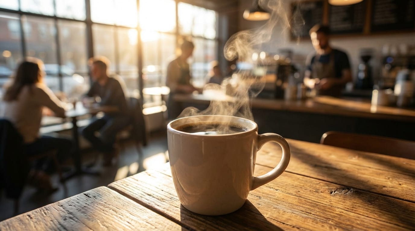 Camera slowly zooming in, steam rising from the hot coffee cup, warm sunlight filtering through the window, cinematic lighting, ambient cafe noise.