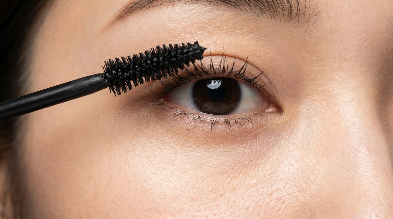 extreme close-up shot of a japanese woman's eye, applying mascara, highly detailed skin texture, pores visible, soft studio lighting, commercial photography, 8k resolution --v 6.1