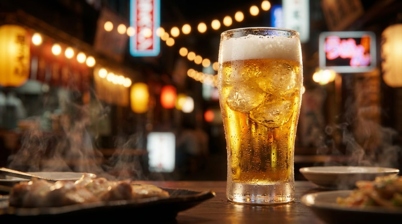 golden beer poured into a glass with ice, condensation on glass, blurred izakaya lights in background, sizzling atmosphere, dynamic lighting, advertising photography, 4k, hyper realistic --v 6.1