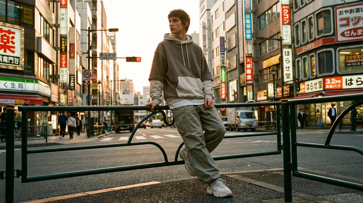 young male model standing in Tokyo street, oversized streetwear, sneakers, natural posing, sunset natural light, cinematic color grading, fashion magazine style --v 6.1