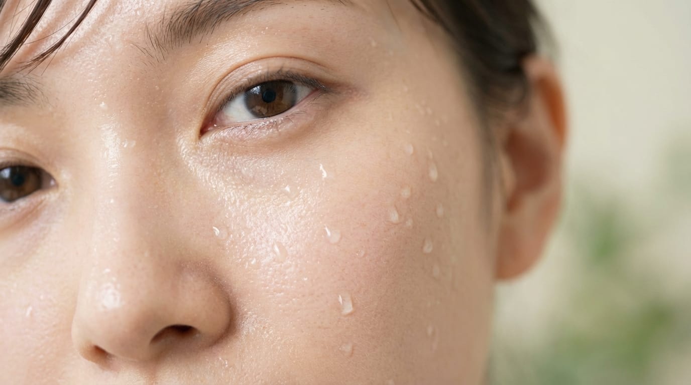 extreme close-up of a Japanese woman's face, clear skin, natural makeup, water droplets on skin, dewy texture, luxury skincare advertisement style, soft lighting, high resolution photography, shallow depth of field --v 6.1