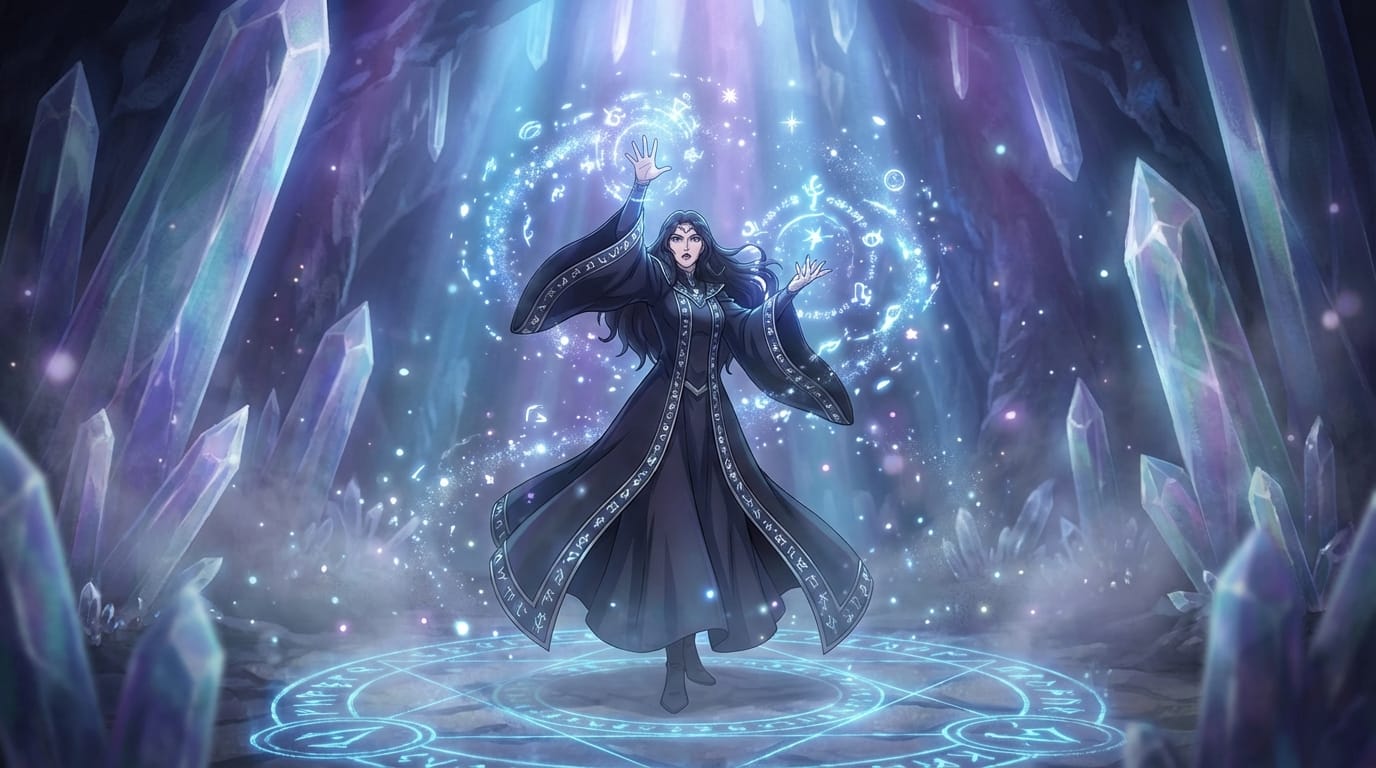 anime style art, a beautiful sorceress casting a spell in a crystal cave, glowing blue magic particles, ethereal atmosphere, intricate details, cinematic lighting --niji 6