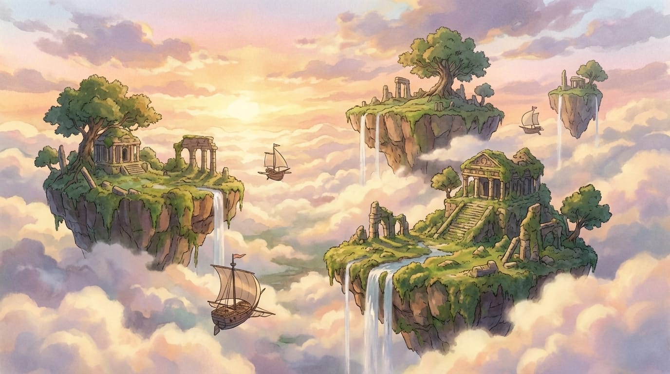 wide shot, floating islands in the sky, waterfalls falling into clouds, ancient ruins, fantasy world, ghibli style atmosphere, soft colors, sunset lighting --niji 6