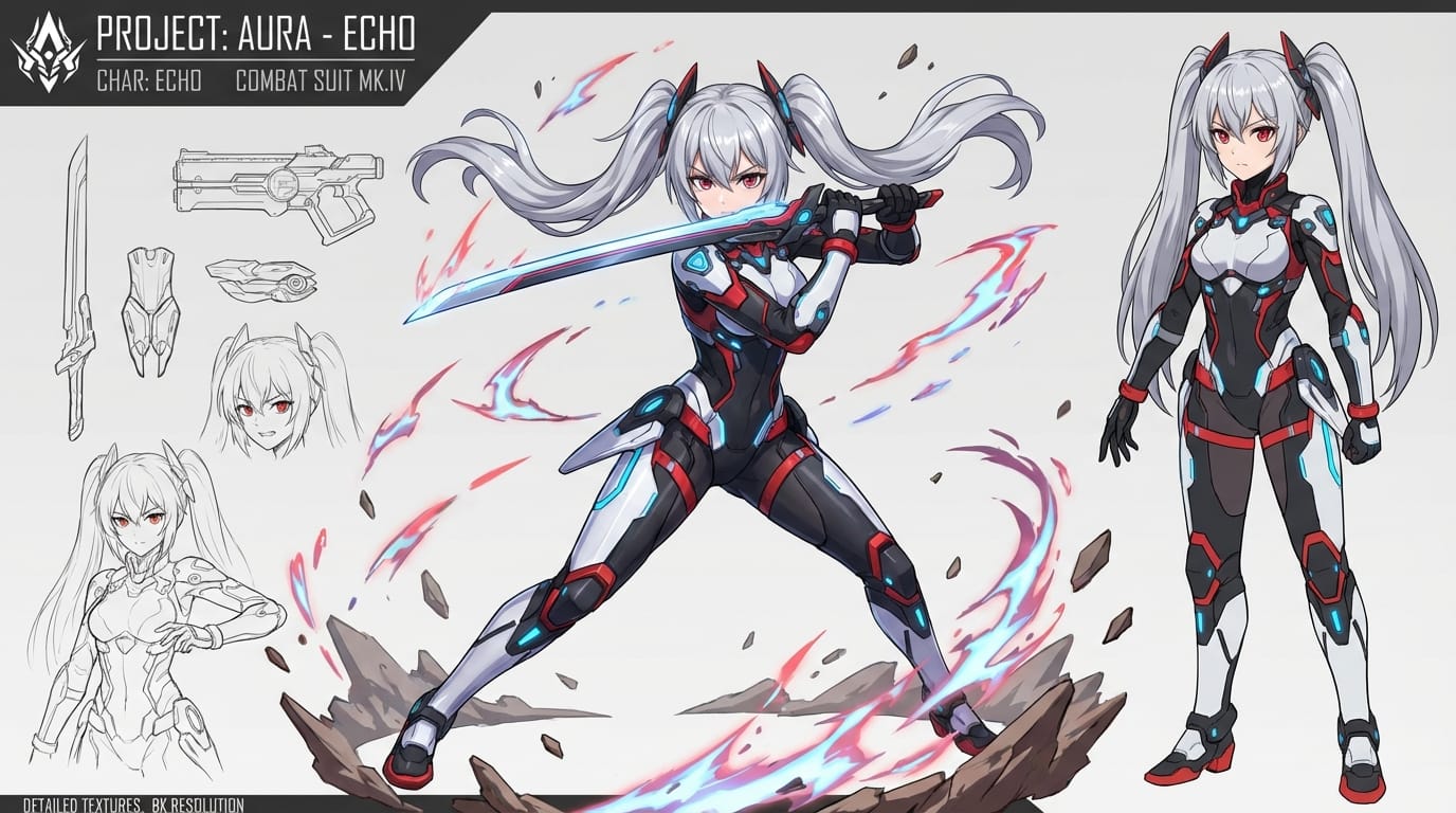 銀髪のツインテール、赤い目、近未来的な戦闘スーツを着た少女、ダイナミックな戦闘ポーズ、エフェクト、鋭い視線、アニメ塗り、キャラクターデザインシート --niji 7