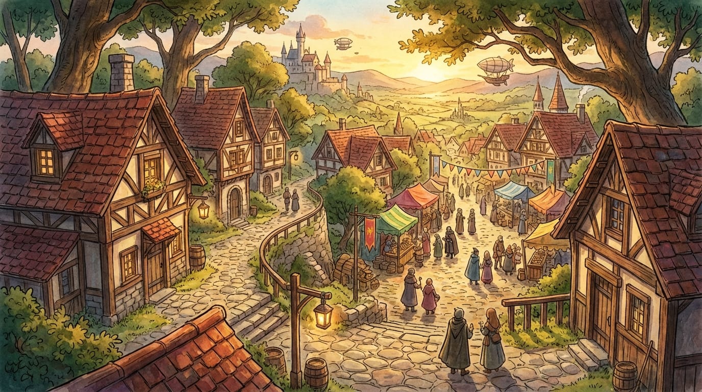 ファンタジーRPGの村のコンセプトアート、石畳の道、木組みの家、賑やかな市場、暖色の照明、詳細な背景美術、スタジオジブリのような塗り --iw 1.5 --niji 7