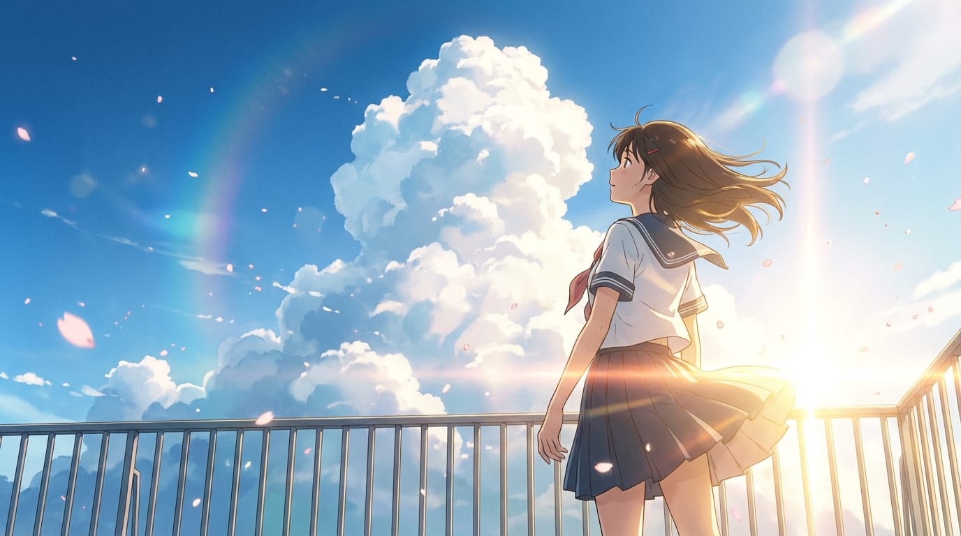 爽やかな夏の空、入道雲、学校の屋上で風に吹かれている女子高校生、制服、逆光、レンズフレア、青春の雰囲気、繊細なアニメ調表現、高解像度、映画のようなライティング --ar 16:9 --niji 7