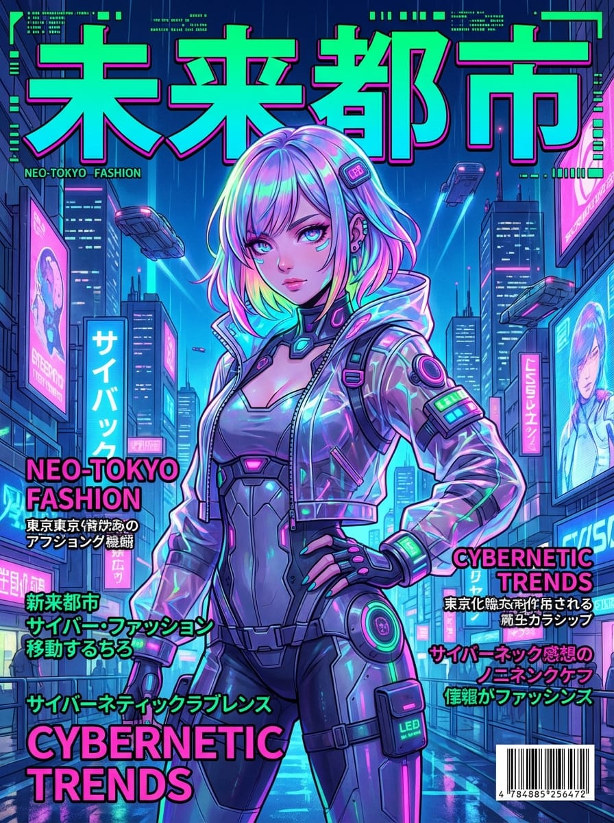 anime style magazine cover design, featuring a fashionable cyberpunk girl, vivid neon colors, complex layout with Japanese text title '未来都市', sharp details, high contrast --ar 3:4 --niji 7