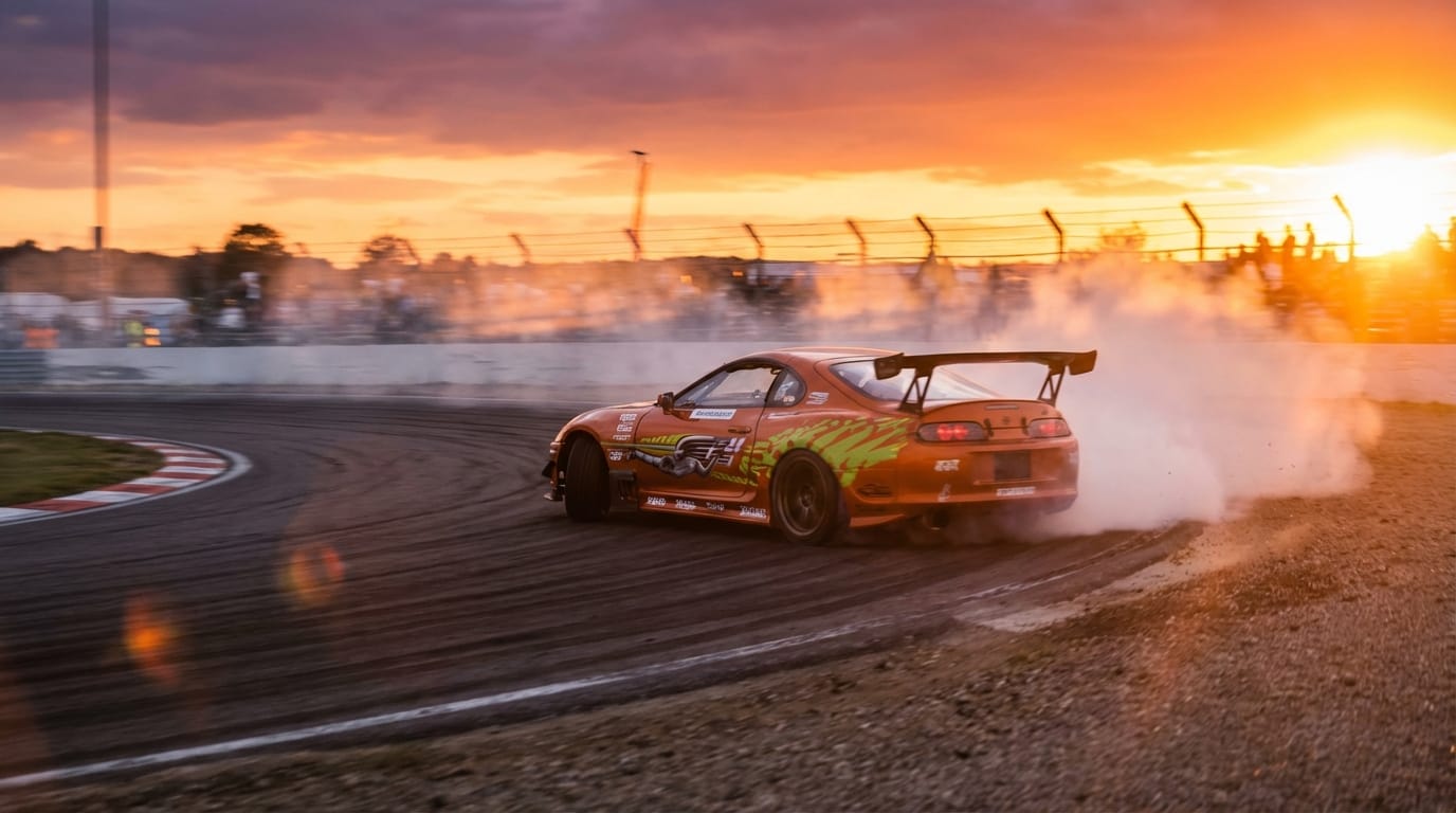 A dynamic action shot of a sports car drifting around a corner on a race track during sunset, smoke coming from the tires. The camera follows the car closely with a low angle. Loud engine roaring sound, screeching tires, and fast-paced rock music. Cinematic color grading, motion blur, high energy, 4k resolution.