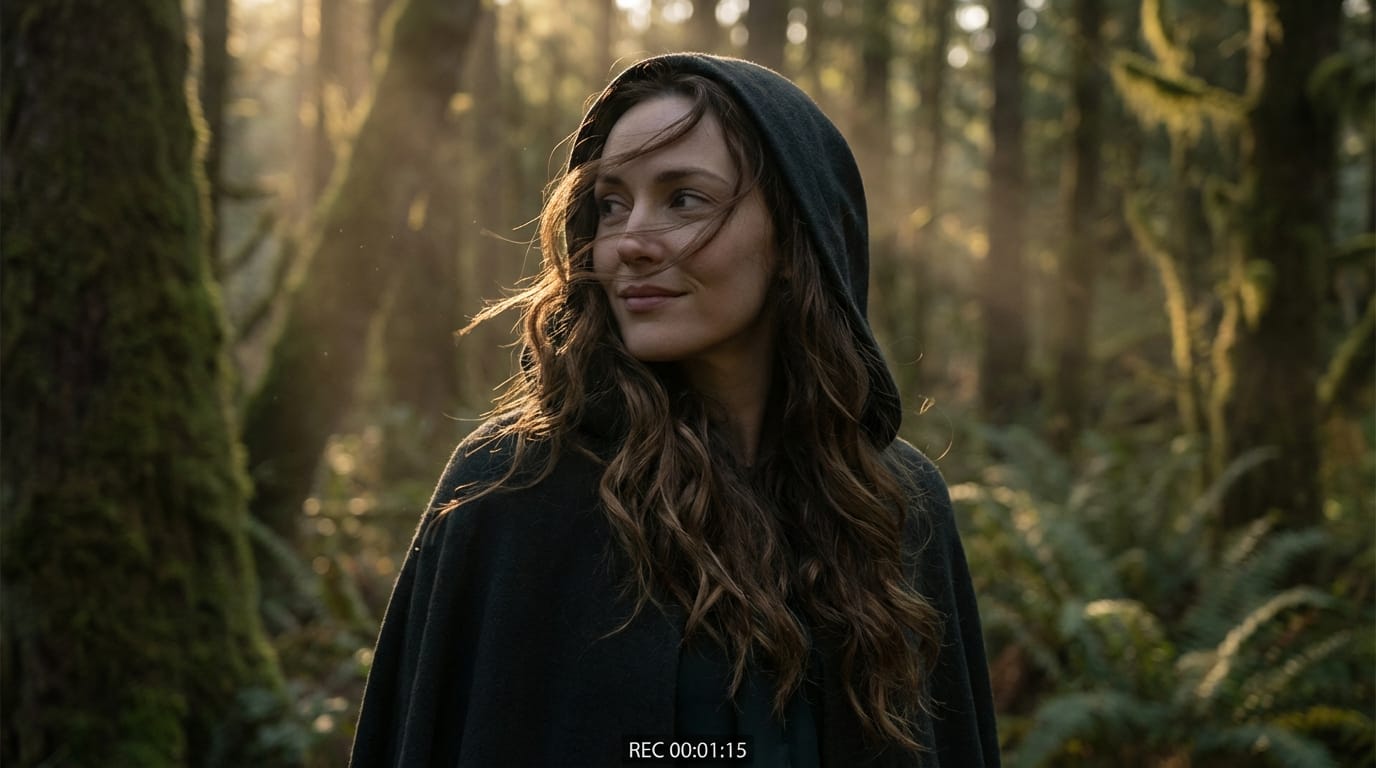 The character in the image turns her head slowly to the left and smiles mysteriously. The hair blows gently in the wind. Ambient forest sounds and birds chirping. Cinematic lighting, maintain character consistency, high quality video.