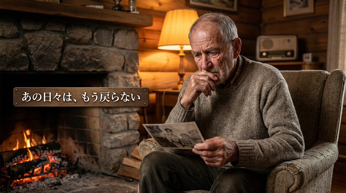 A medium shot of an elderly man sitting by a fireplace in a cozy wooden cabin. He holds an old photograph and looks at it with nostalgia. He whispers softly in Japanese "あの日々は、もう戻らない" with a sad tone. Crackling fire sound, soft piano music in the background. Warm lighting, detailed facial wrinkles, emotional atmosphere.