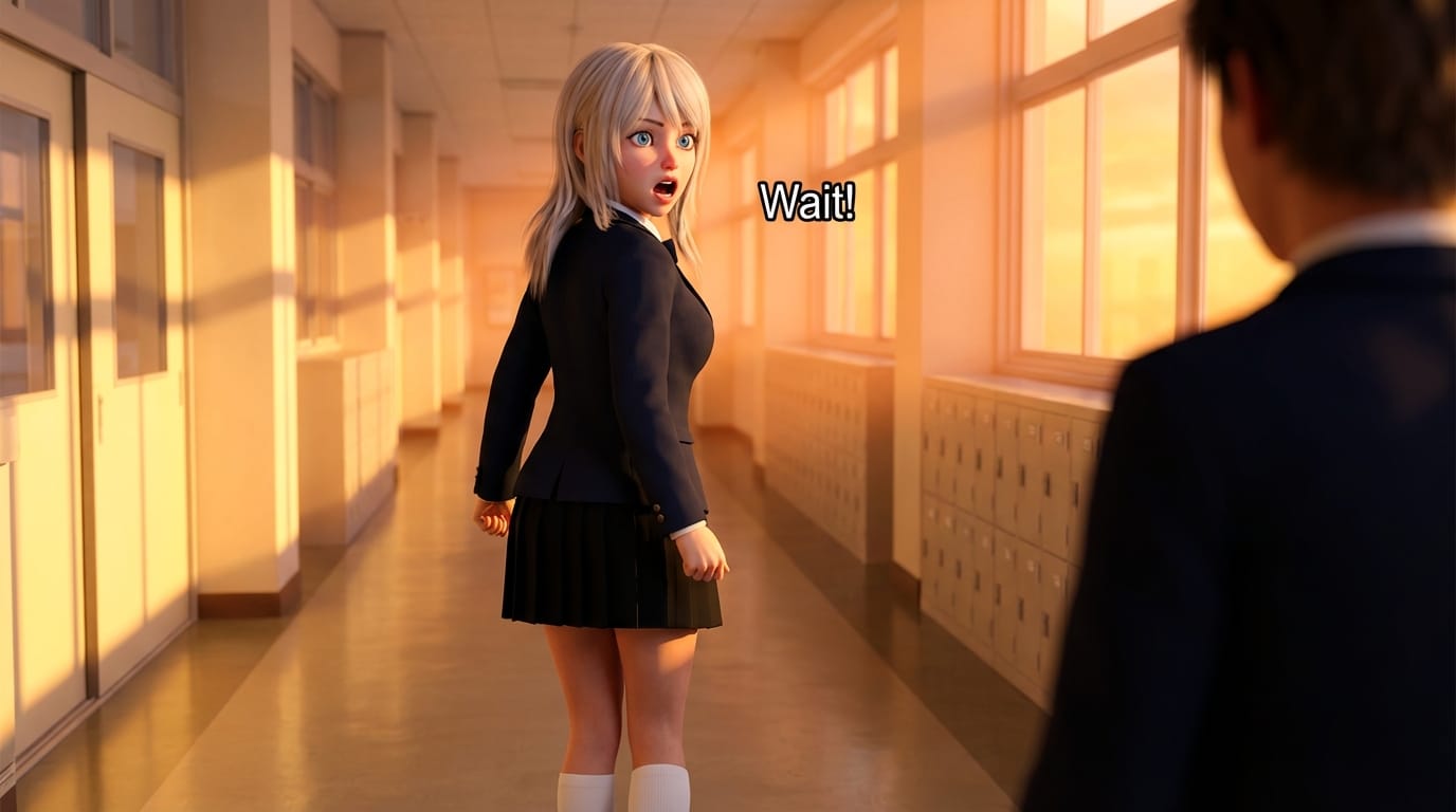 Based on the reference image, the character turns around with a surprised expression and shouts 'Wait!' to someone off-screen. Camera pans from behind to the face. Background is a school hallway, sunset.