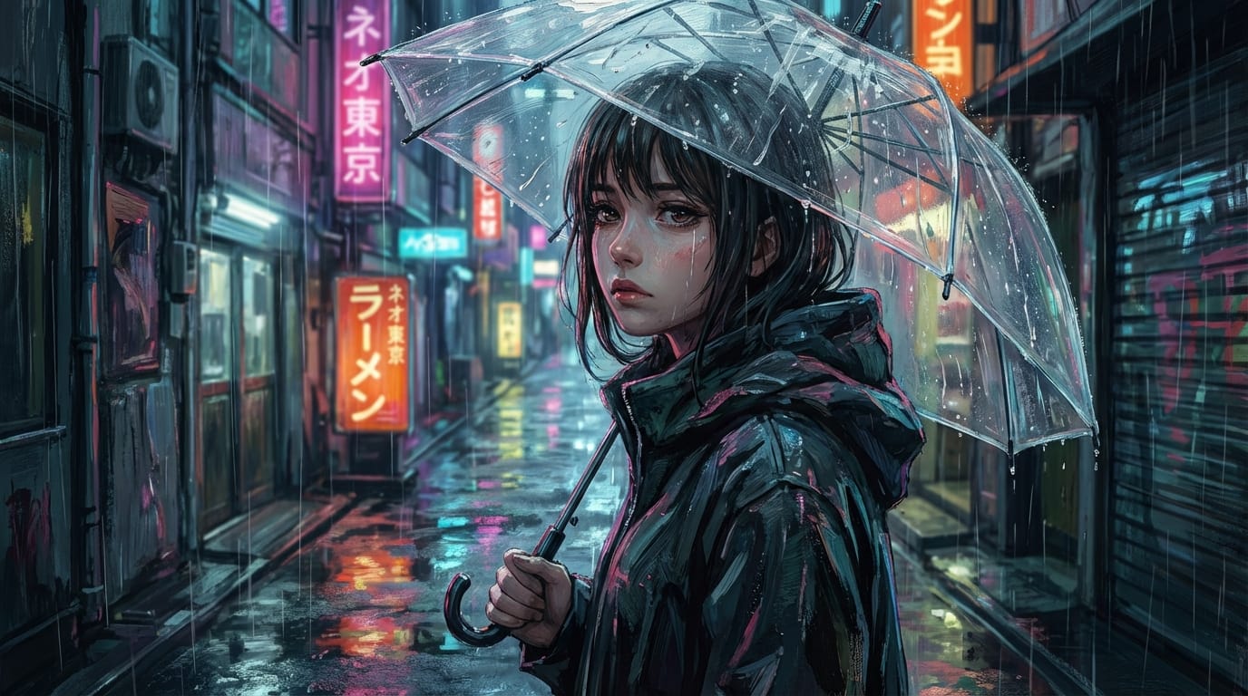 A girl standing in a cyberpunk back alley, reflection of neon signs, wet asphalt from rain, transparent vinyl umbrella, melancholic expression, detailed eye depiction, cinematic lighting, anime style impasto painting --ar 3:4 --niji 7