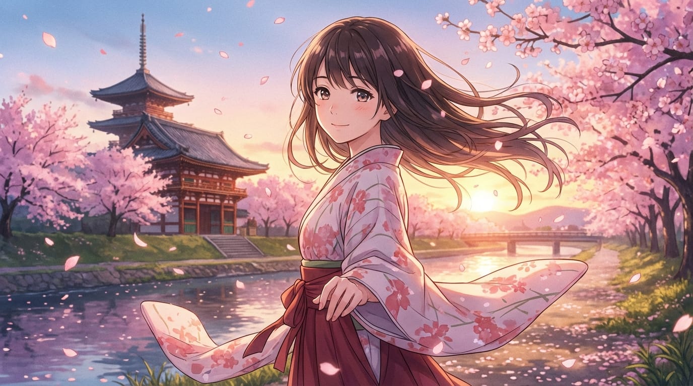 キャラクターがゆっくりとこちらを見つめて微笑む。髪が風になびく。背景の桜の花びらが舞い散る。高品質、繊細なアニメ調表現。