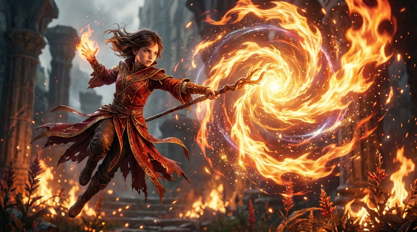 魔法使いの少女が杖を振り上げ、炎の魔法を放つダイナミックなアクションシーン。エフェクトが輝く。
