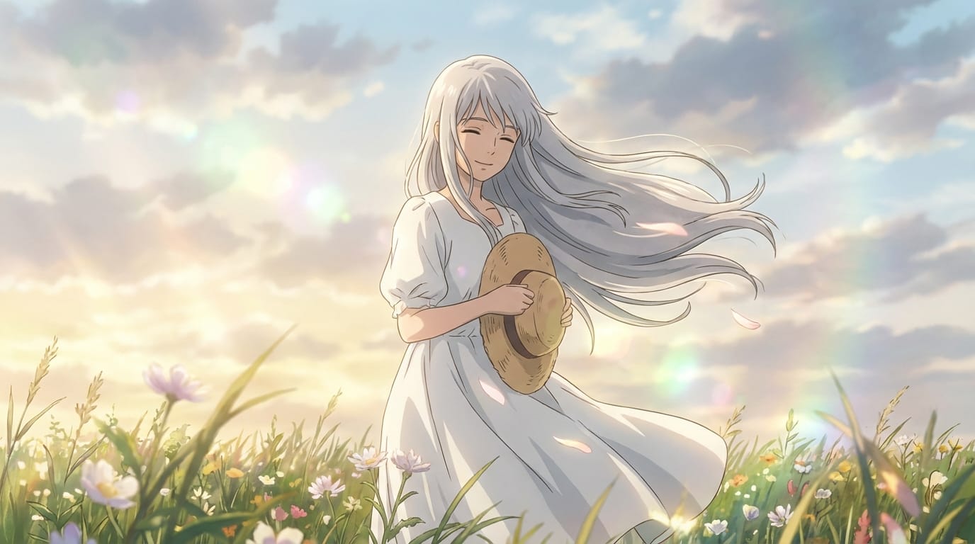 A beautiful anime girl with long silver hair, standing in a field of flowers, gentle wind blowing her hair and dress, soft sunlight, cinematic lighting, high quality, 4k --ar 16:9