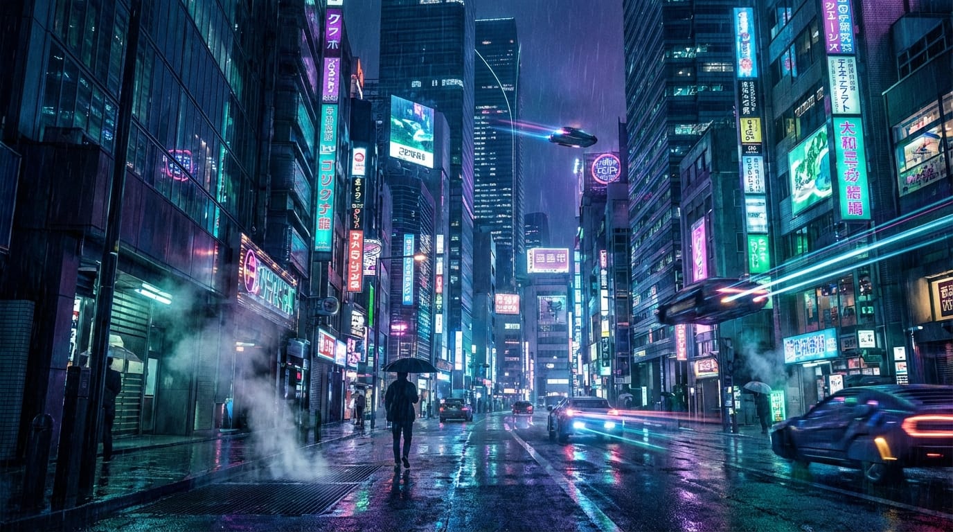 サイバーパンクな街並み、ネオンサインが点滅する、雨が降っている、夜景、シネマティックな雰囲気、ループ動画。