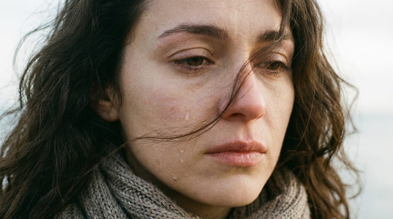 This character creates a sad expression and slowly sheds a tear. The wind is gently swaying her hair. Emotional close-up shot.