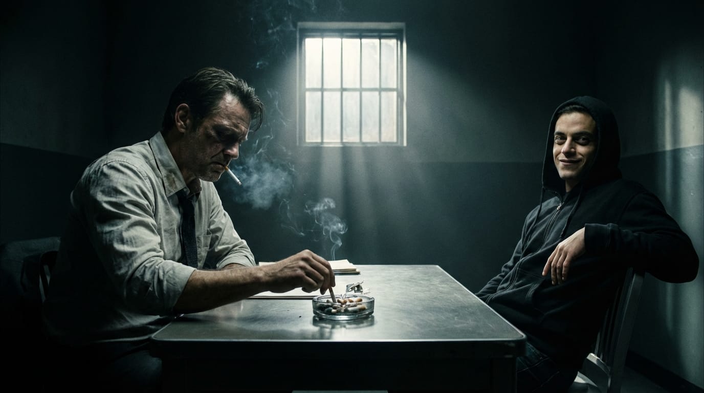 Dimly lit interrogation room, two men sitting across from each other at a desk. The detective in the foreground crushes a cigarette in frustration. The suspect sitting in the back gives a fearless smile and slowly turns his gaze to the camera. Cinematic lighting, tense atmosphere, 4k, high resolution.