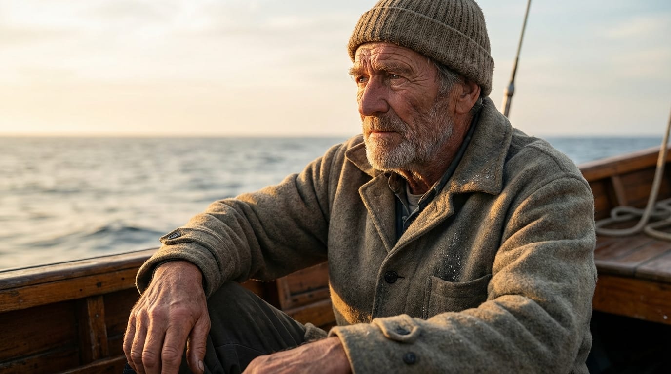 Portrait of an old fisherman looking at the sea, weathered face, deep wrinkles, natural sunlight, cinematic detail, 8k