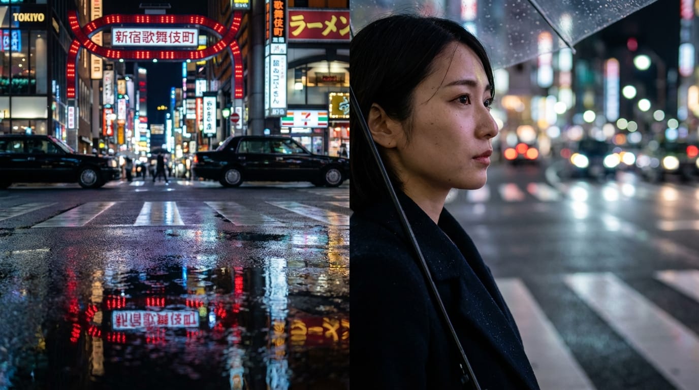 Cinematic shot, night street corner in Tokyo, wet asphalt, reflection of neon lights, profile of a sorrowful Japanese woman, 85mm lens, f1.8, depth of field, cinematic lighting, high resolution, 8k, photorealistic