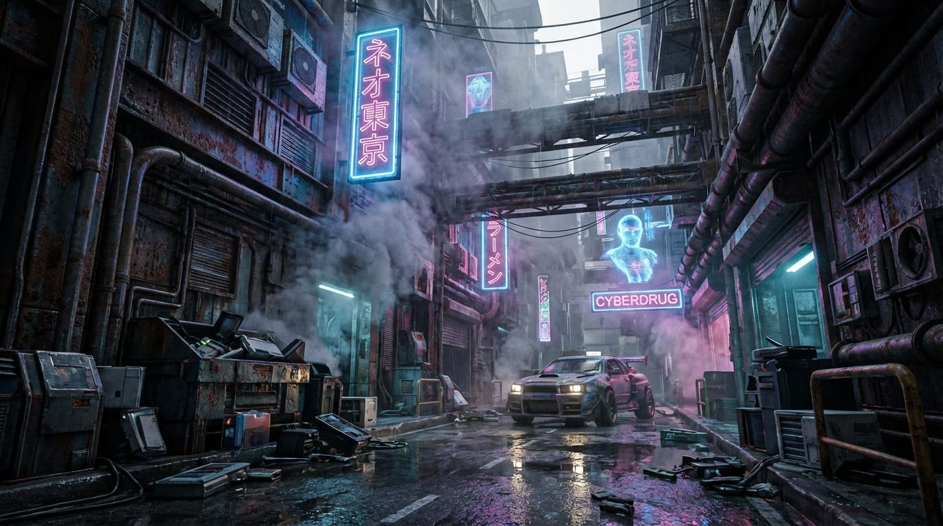 近未来のサイバーパンクな都市、荒廃した路地裏、錆びた金属の質感、スモークが立ち込める雰囲気、青とピンクの照明、広角レンズ、ローアングル、映画のような構図、超リアル