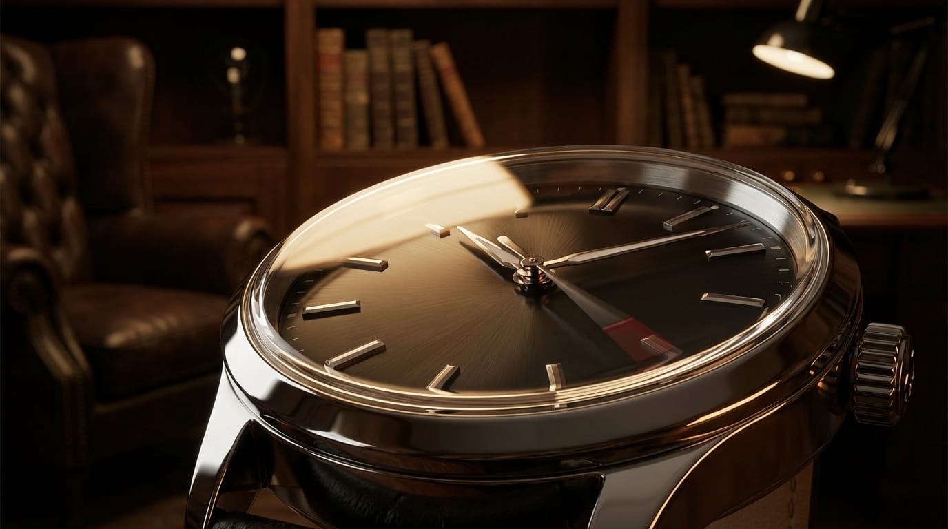 Macro shot of a luxury wrist watch, light reflecting off the sapphire glass, smooth movement of the second hand, dark blurred study room background, 4k resolution, cinematic lighting, slow motion