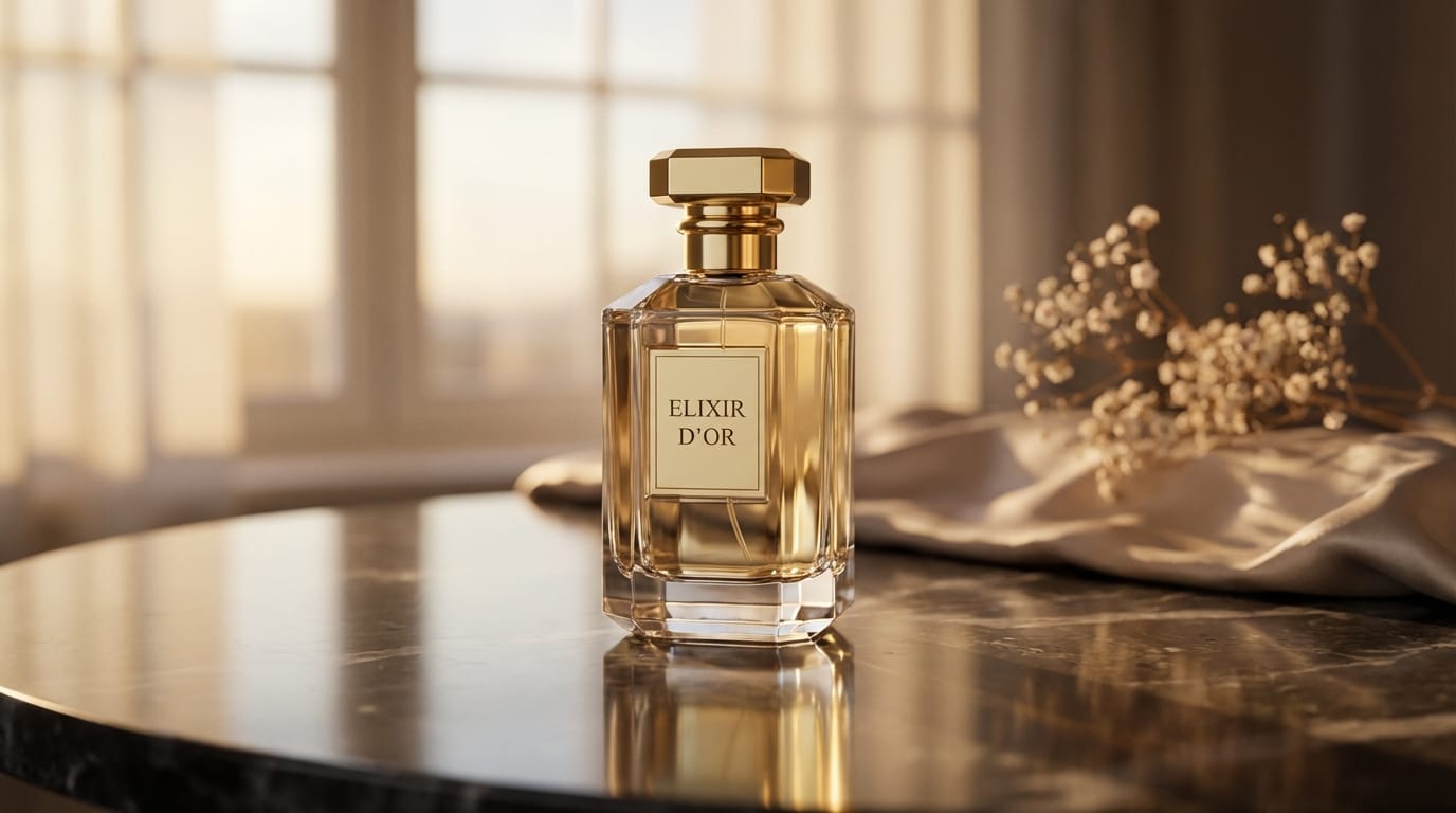 Cinematic commercial shot of a luxury perfume bottle on a reflective surface, soft golden lighting, slow camera pan, high resolution, 8k, photorealistic