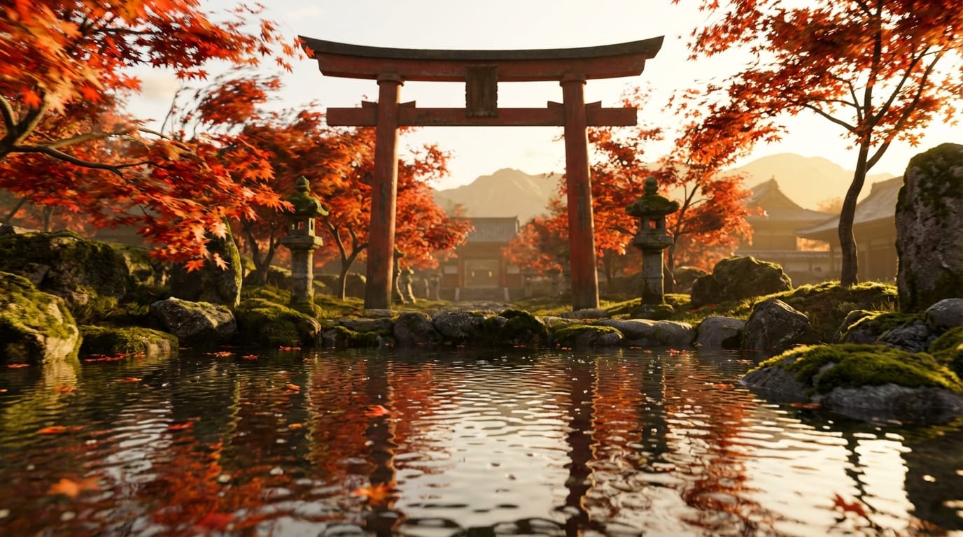 Kyoto Japan, autumn sunset, maple leaves swaying in the wind in an old temple garden, low altitude drone shot skimming over the pond water surface, rising towards a red torii gate, high definition, photorealistic