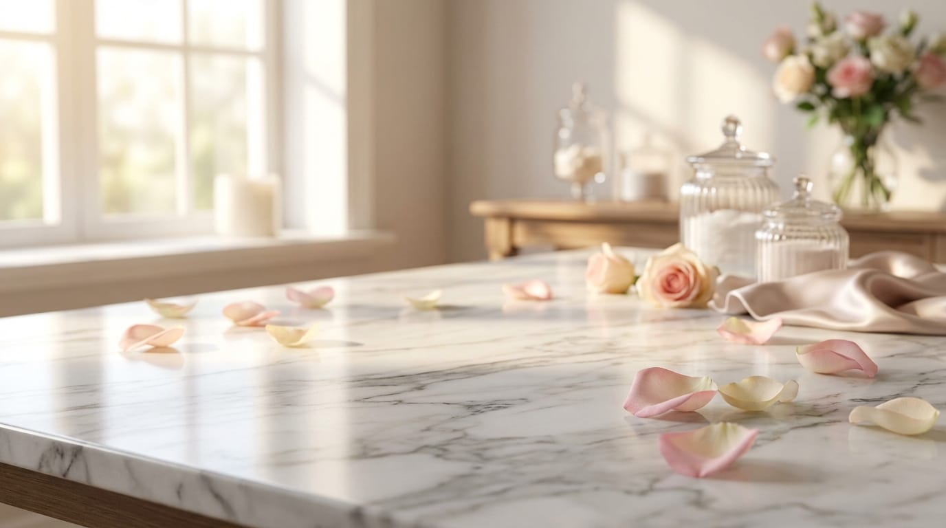 Luxurious cosmetic product background, marble table texture with rose petals scattered, soft morning sunlight coming through a window, elegant and clean atmosphere, depth of field, product photography style background, no text.