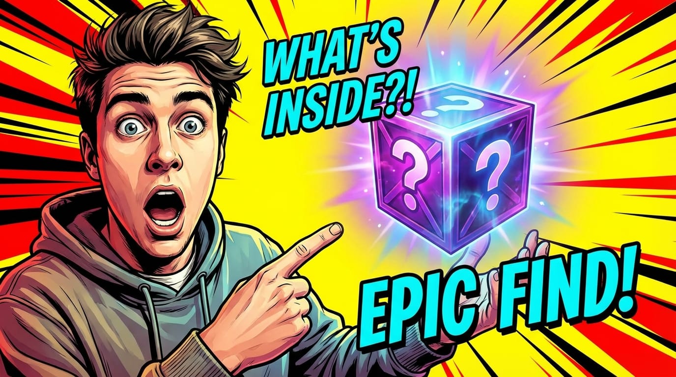 YouTube thumbnail style, shocked expression of a young man pointing at a floating glowing mystery box, bright yellow and red background with comic style speed lines, high contrast, bold saturation, 4k quality, catchy visual.