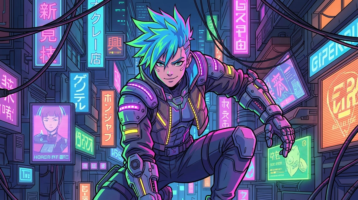 Transform into a cyberpunk anime style, vibrant neon colors, detailed mechanical accessories, maintaining the original pose and facial expression, high quality anime art, 2D flat style.