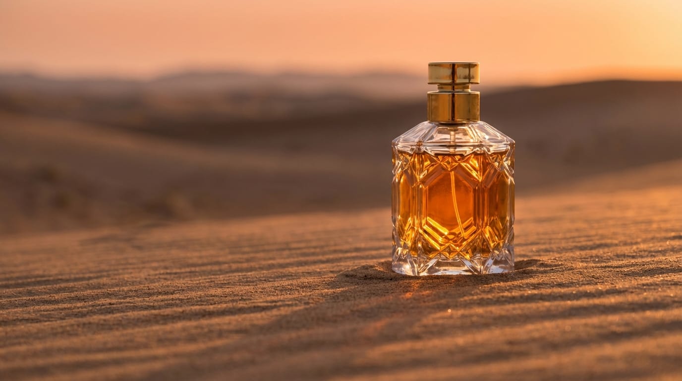 Luxury perfume bottle in desert at sunset, golden light through glass, amber shadows, cinematic lighting, shallow depth of field, slow motion, 4k
