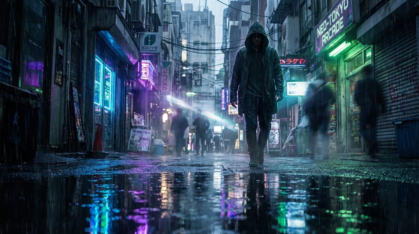 Cyberpunk alleyway, raining, mysterious figure in hoodie walking towards camera, camera tilt up from puddle to face, neon reflections, cinematic atmosphere, dark tone