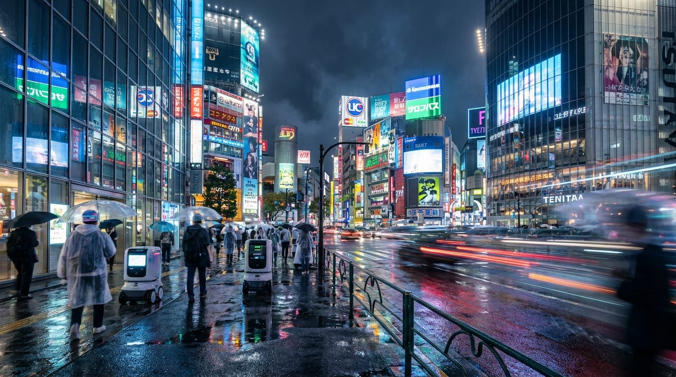 Cinematic wide shot of a futuristic Tokyo street at night, neon lights reflecting on wet pavement, hyper-realistic, 8k resolution, slow camera pan right