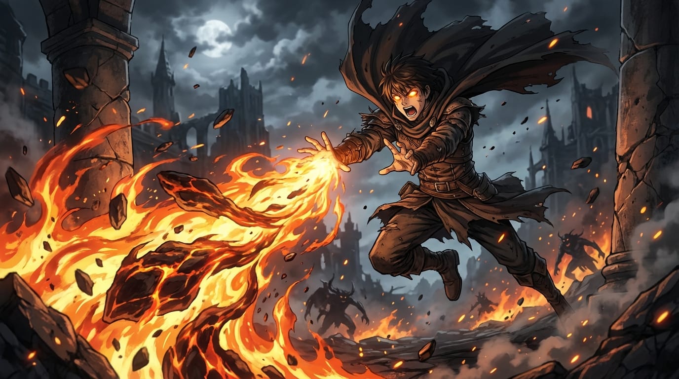 (masterpiece), dynamic angle, intense battle scene, anime boy casting fire magic, explosion effects, flying debris, aggressive pose, screaming, dark fantasy atmosphere, glowing eyes, highly detailed background, cinematic lighting