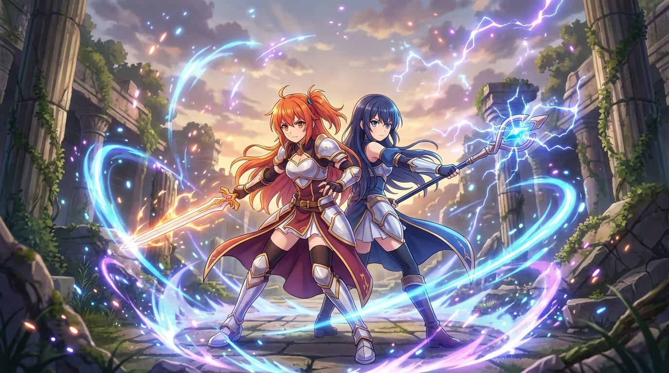 Two anime girls fighting back to back, magic effects, dynamic angle, high saturation, detailed background