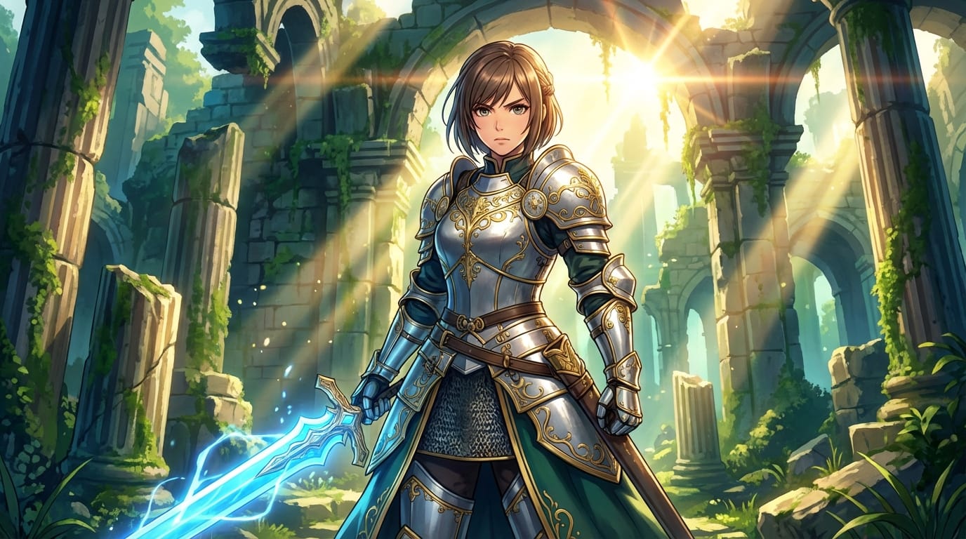 (masterpiece, best quality), 1girl, female knight, silver armor with gold trim, glowing blue sword, determination expression, standing in ancient ruins, sunlight streaming through cracks, lens flare, vivid colors, intricate details, anime style, 8k wallpaper