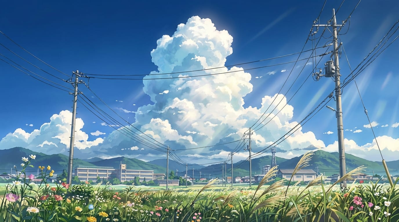 新海誠風の美しい青空、巨大な入道雲、夏の日差し、電線、風に揺れる草花、高品質なアニメーション、4k、詳細な背景