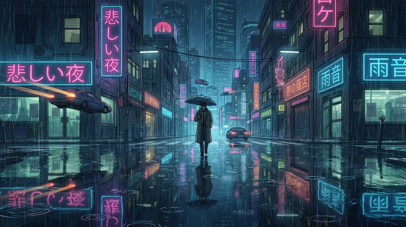 雨の降るサイバーパンクな都市の夜景、ネオンサインが濡れた地面に反射する、悲しい雰囲気、映画のようなアングル、アニメーションスタイル、スローモーション。