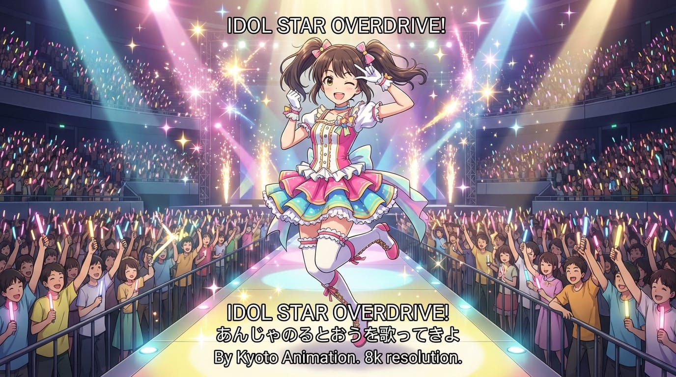 アニメのオープニング映像、アイドル衣装を着た少女がステージで元気にダンスを踊っている、ダイナミックなカメラワーク、キラキラしたエフェクト、観客のペンライト、高品質なアニメ作画。