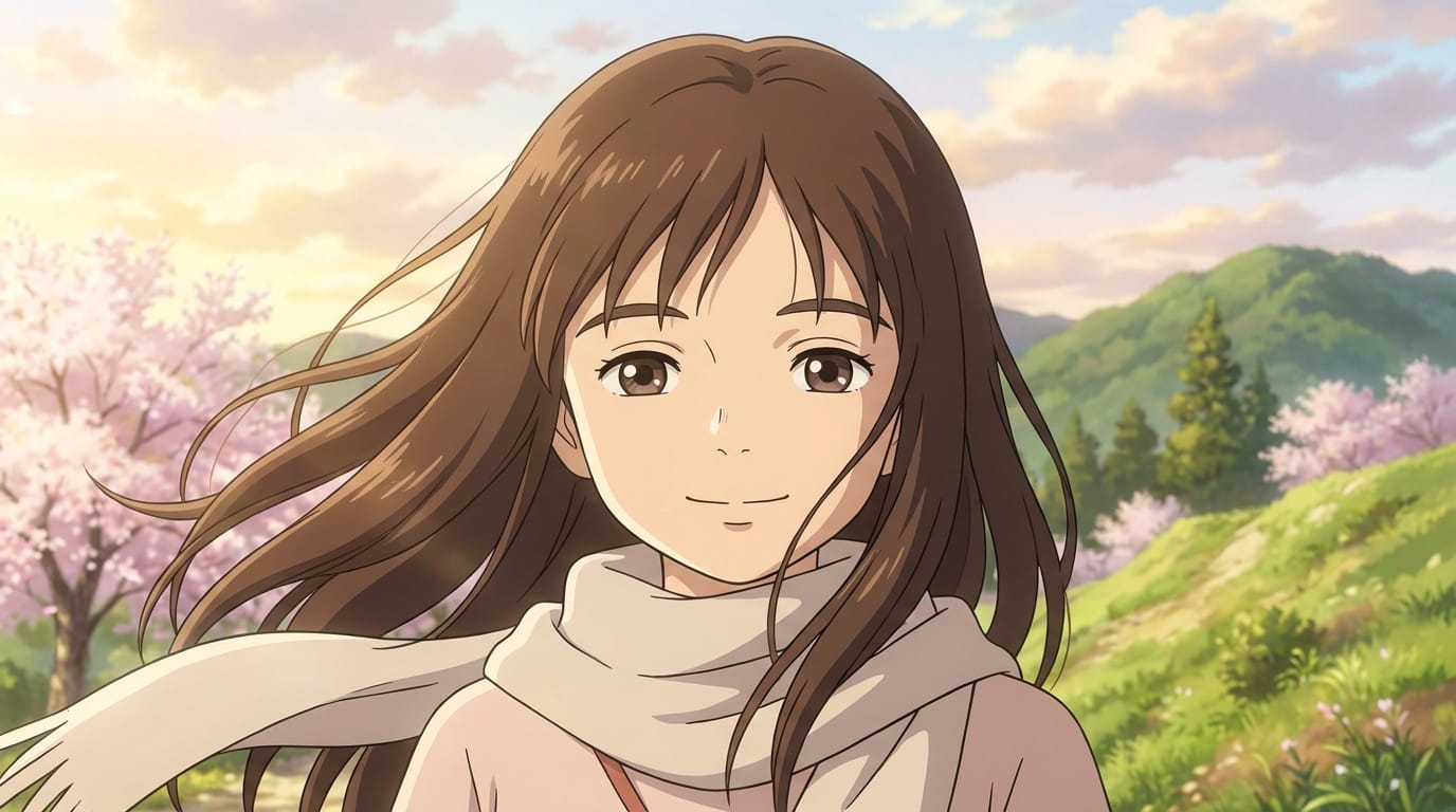 アニメスタイル、高画質。カメラ目線で優しく微笑む少女。風が吹いて髪がサラサラとなびく。瞬きをする。自然な動き、高品質な作画。