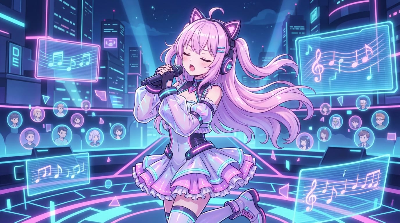 A cute anime VTuber girl with pink hair, singing passionately on a glowing cyber stage, detailed anime style, high quality animation