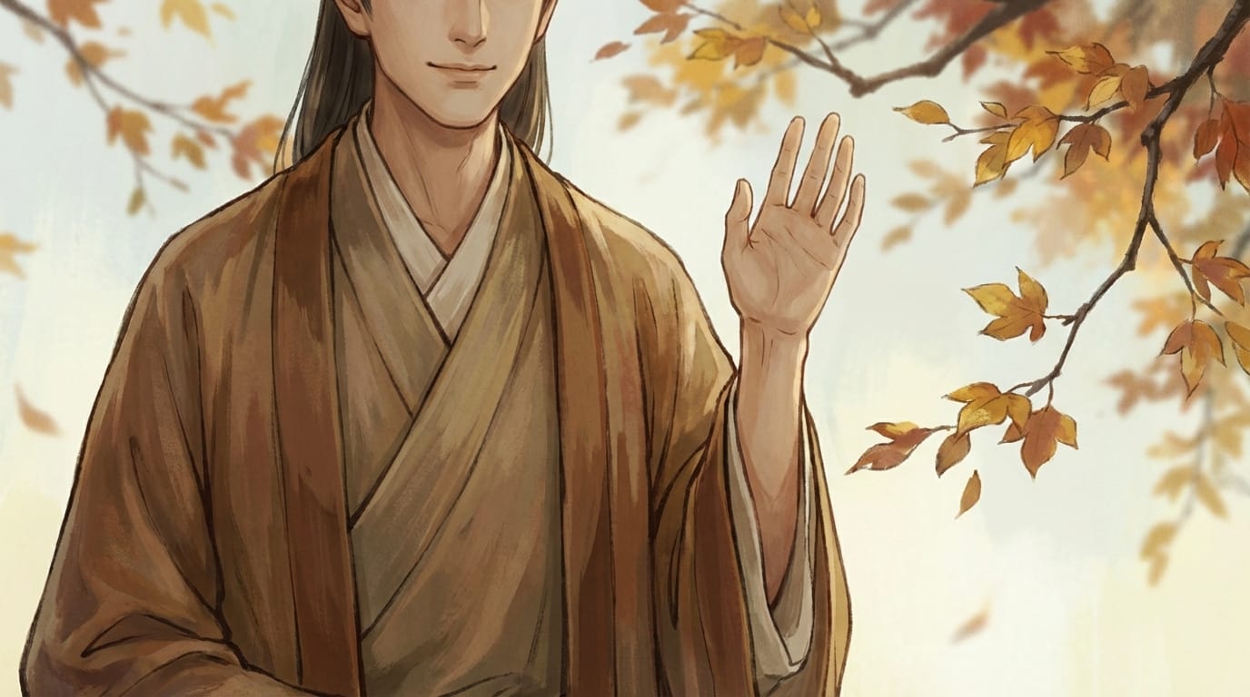 The character in the image waves hand slowly and smiles gently, the leaves in the background sway in the wind, maintain the original art style, subtle movement, high quality