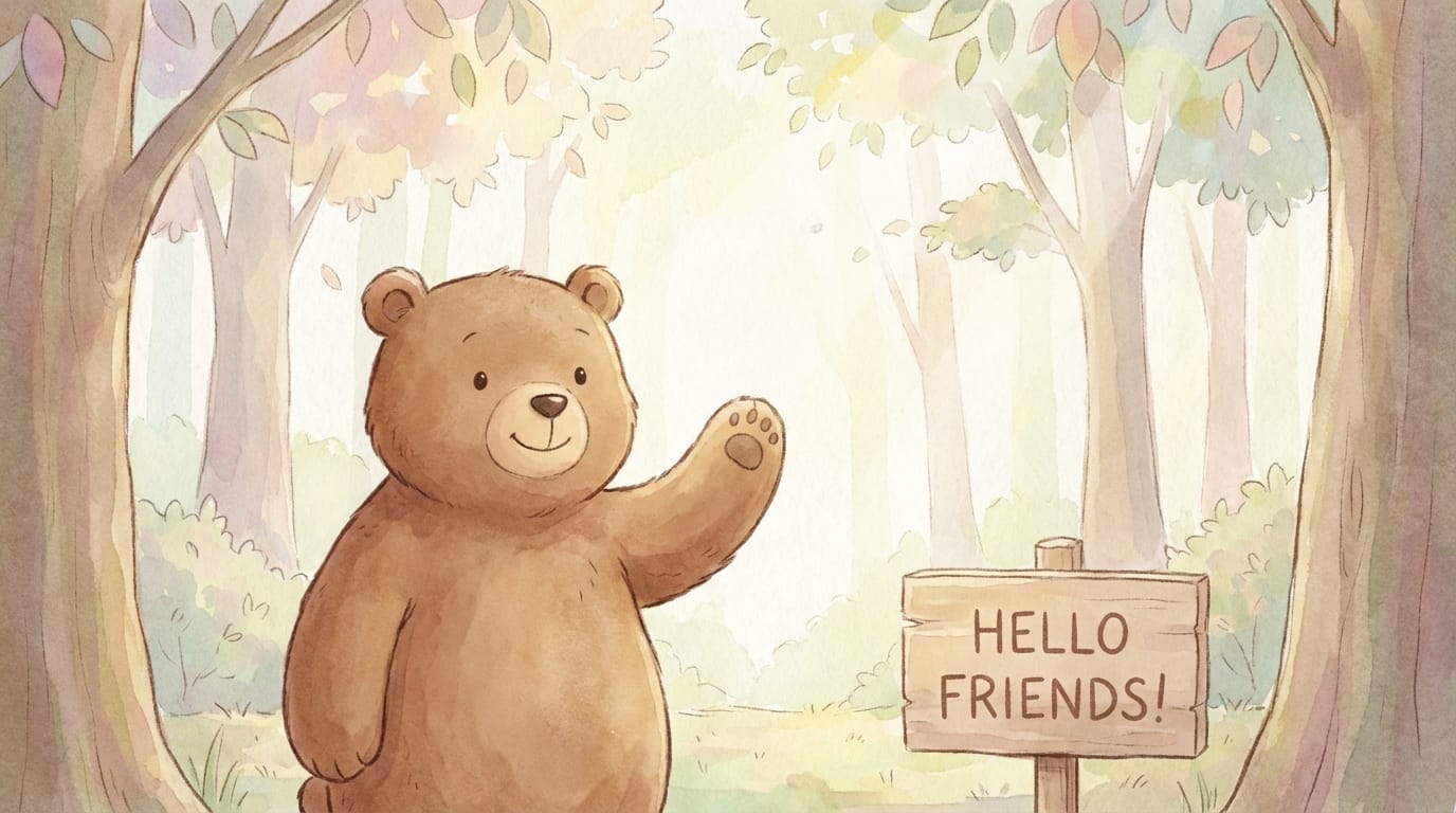 A gentle watercolor style animation of a small bear waving its hand slowly in a sunny forest, soft lighting, educational content for toddlers, high quality, 4k