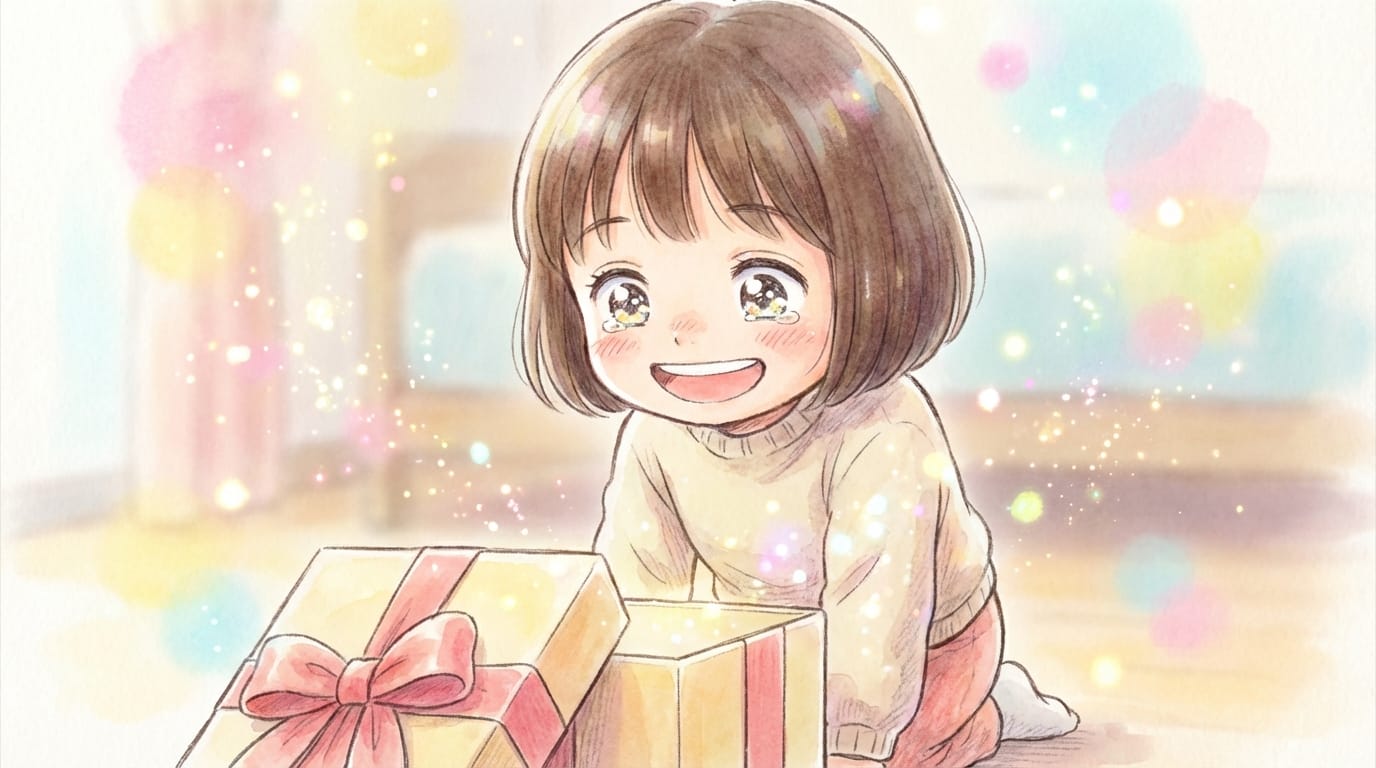 A heartwarming scene in a hand-drawn anime style where a little girl with short hair opens a gift box and smiles brightly with sparkling eyes, expressing pure joy and excitement, soft pastel background with floating sparkles, smooth facial expression change, high quality animation, emotionally resonant