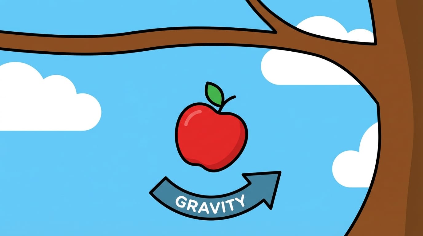 A simple and clean vector art style animation of a red apple falling from a tree branch, blue sky background, minimal details, bright primary colors, smooth motion, educational video style
