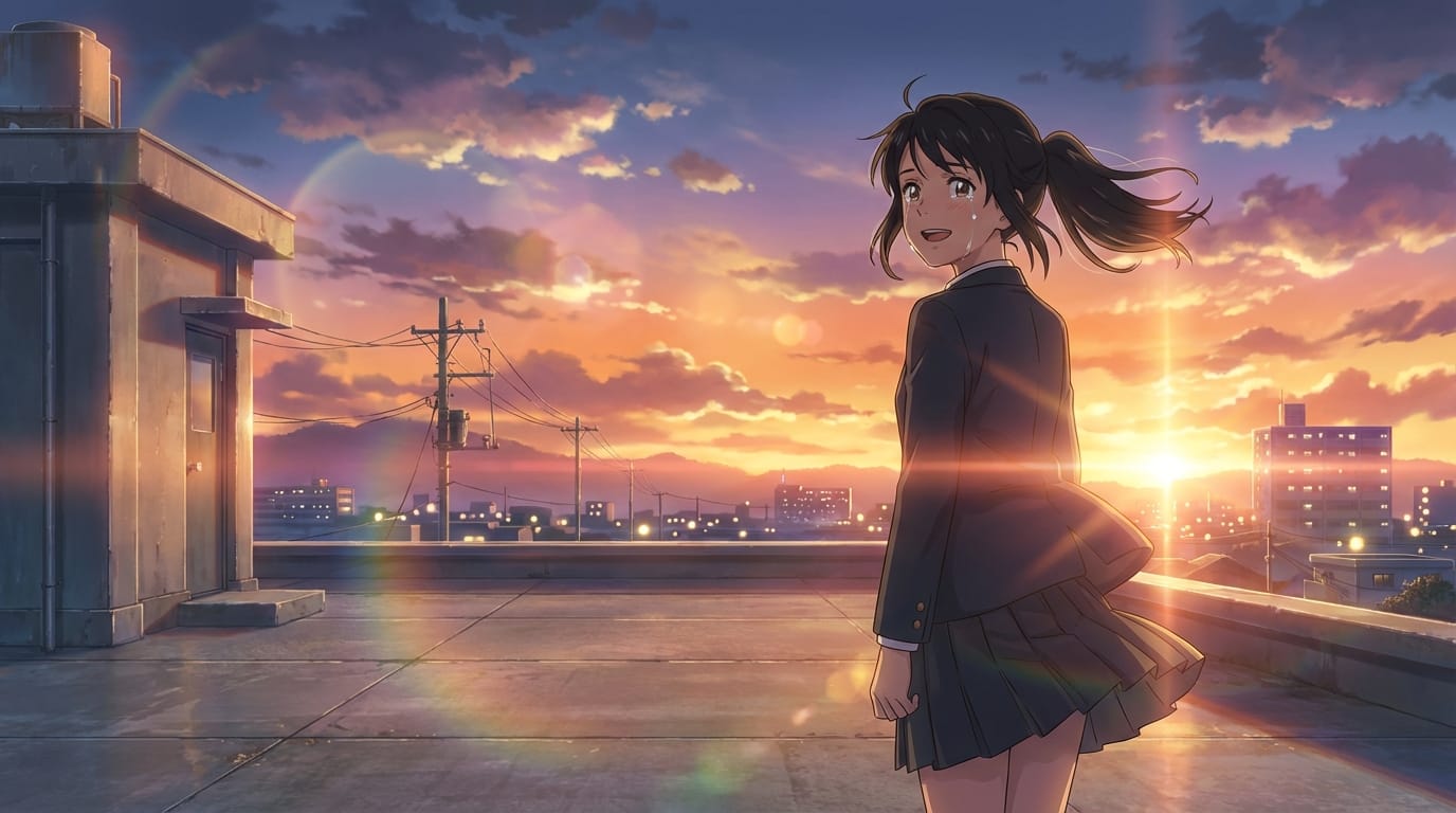High quality anime style trailer clip. A teenage girl standing on a school rooftop during sunset, wind blowing through her hair and school uniform. She is crying but smiling, looking at the horizon with determination. Lens flare, emotional lighting, Makoto Shinkai inspired detailed background art, high frame rate animation.