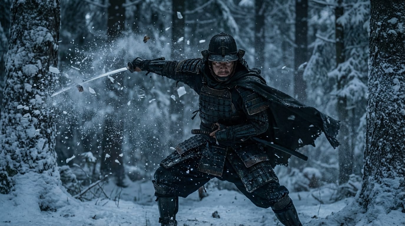 Cinematic action movie trailer shot. A samurai warrior in traditional armor draws his katana in a snowy forest during a blizzard. He slashes through the air with lightning speed, snow particles flying dynamically. The camera rotates around him in bullet time effect. Realistic 8k video, intense focus, dramatic contrast.